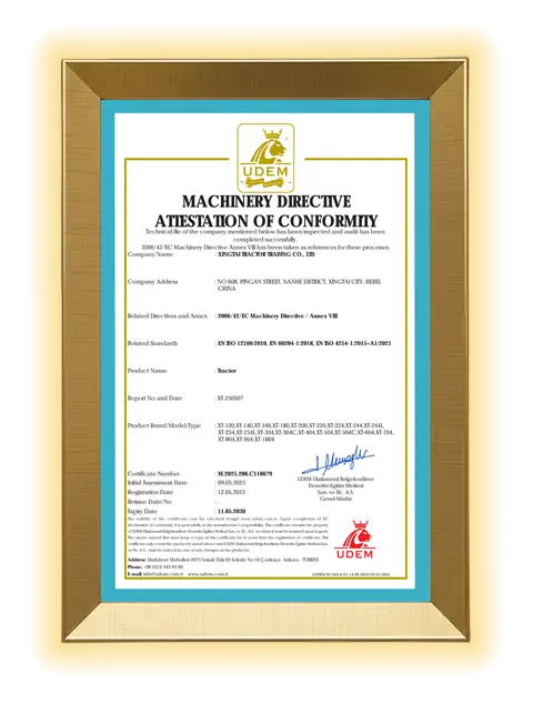 CE Certificate of Conformity for XT Series farm tractors, ensuring safety compliance for European market export.