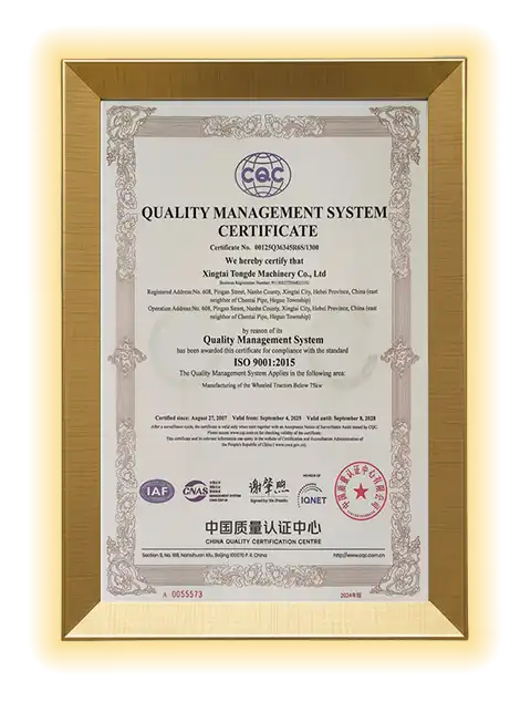 ISO 9001 Quality Management System Certificate (English Version) verifying XT-AGRO's international manufacturing standards.